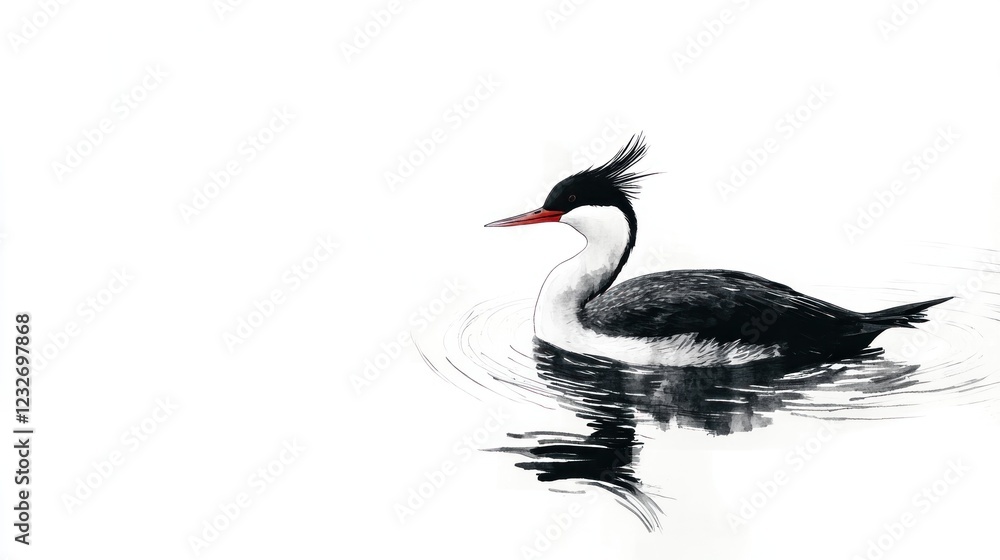 Fototapeta premium Great crested grebe swims lake, water reflection, nature wildlife