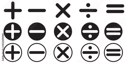 Math symbols icon set. Basic mathematical symbol. Plus and minus icon set. Multiply icon. Equals symbol, division symbol, Calculator button, business finance concept in vector,basic mathematics symbol