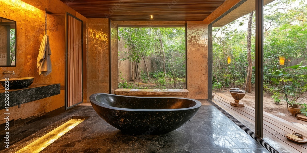 Luxurious stone bathtub in tropical garden bathroom Luxurious stone bathtub in tropical garden bathroom