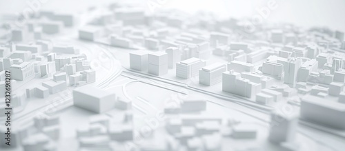 White city model aerial view, roads, background blur, urban planning