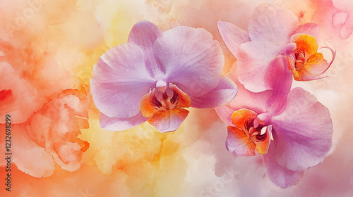 Wallpaper Mural Beautiful pink orchids bloom against a soft orange background with a dreamy feel Torontodigital.ca