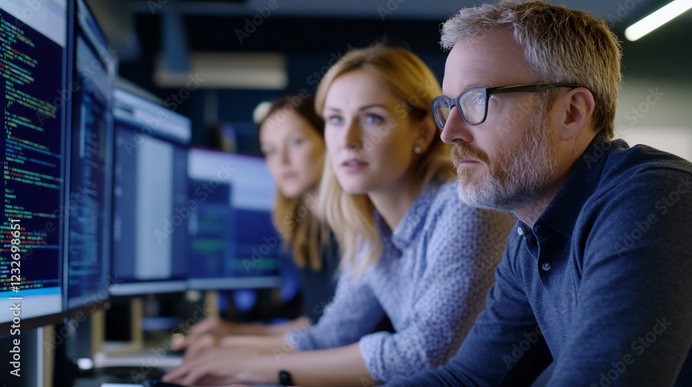 Programmers collaborate on code, office background Programmers collaborate on code, office background