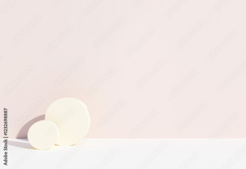 Fototapeta premium Minimalist geometric object in soft pastel tones, casting a shadow against a bright white background, creating a modern and abstract aesthetic