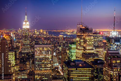 Aerial view of the architecture of Manhattan in New York city, USA at night.