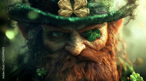 Intense Leprechaun Portrait with Green Hat and Shamrocks photo