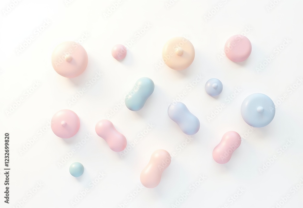 Minimalist geometric object in soft pastel tones, casting a shadow against a bright white background, creating a modern and abstract aesthetic