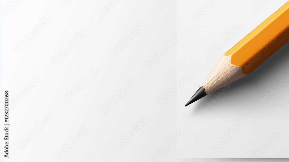 Yellow pencil poised on blank paper; studio; ready to write; minimal background; education Yellow pencil poised on blank paper; studio; ready to write; minimal background; education