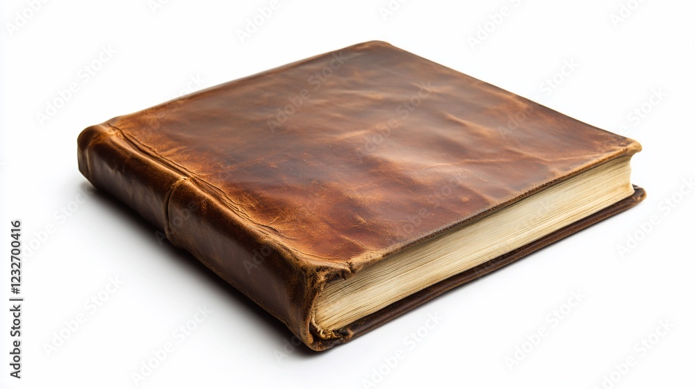 Antique leather-bound book, studio shot, white background, history, genealogy Antique leather-bound book, studio shot, white background, history, genealogy
