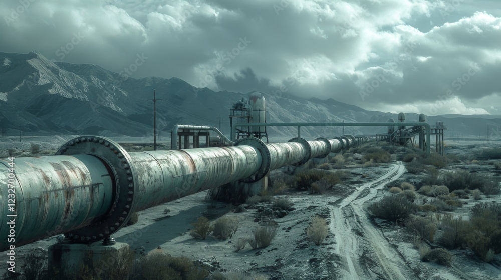 Naklejka premium A long, weathered pipeline runs through a desolate area with sparse vegetation and dusty paths as dark clouds loom above the distant mountains during dusk.