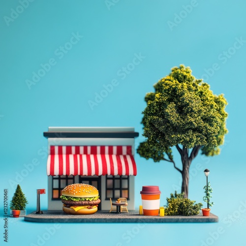 Miniature burger shop on a blue background photo