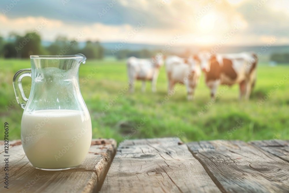 transparent glass jug of milk on wooden table, cows walking on grass on background transparent glass jug of milk on wooden table, cows walking on grass on background