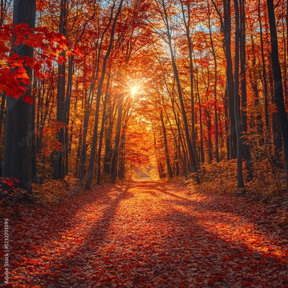 Fototapeta premium Enchanting Autumn Splendor: Captivating Forest with Radiant Red Leaves Creating a Picturesque Scene of Nature's Beauty