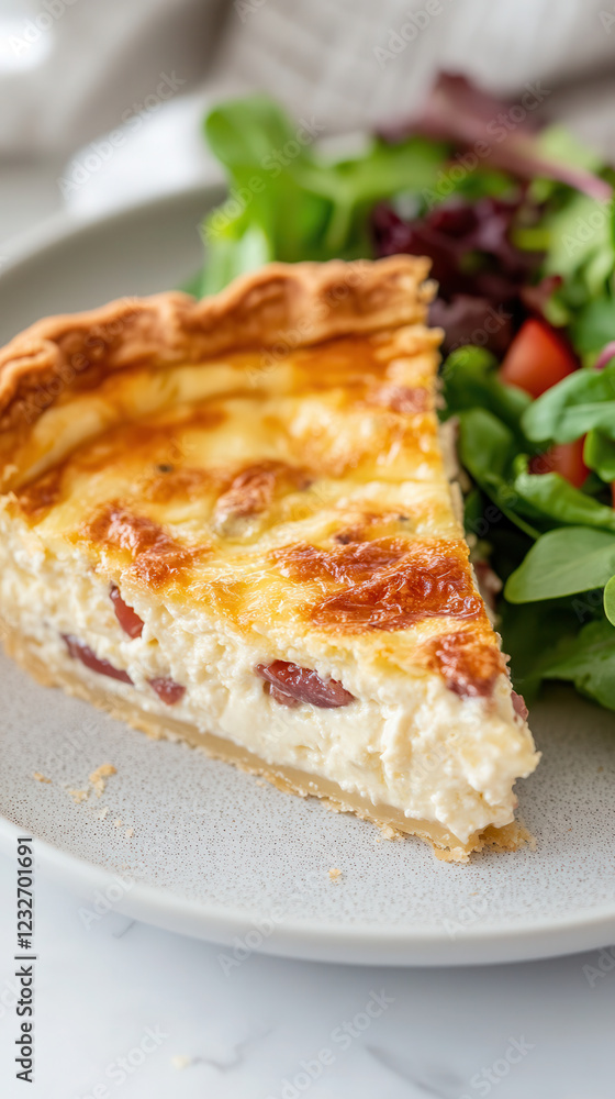 Delicious slice of quiche Lorraine served with a fresh side salad in bright natural lighting on a pastel background. Omeletov casserole Delicious slice of quiche Lorraine served with a fresh side salad in bright natural lighting on a pastel background. Omeletov casserole