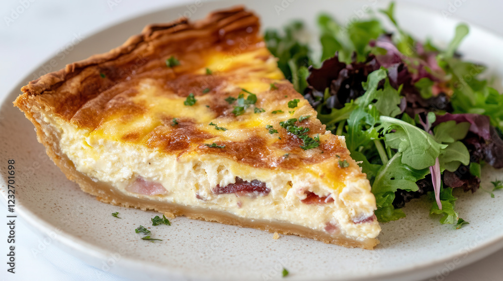 Delicious slice of quiche Lorraine with a flaky crust and creamy filling served alongside a fresh side salad in bright natural lighting Delicious slice of quiche Lorraine with a flaky crust and creamy filling served alongside a fresh side salad in bright natural lighting
