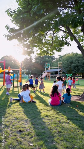 Children engage in playful activities at a park during sunny afternoon hours