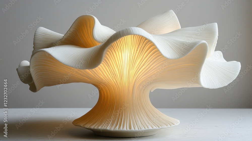 Naklejka premium Illuminated sculptural lamp resembling a mushroom with flowing, layered design.