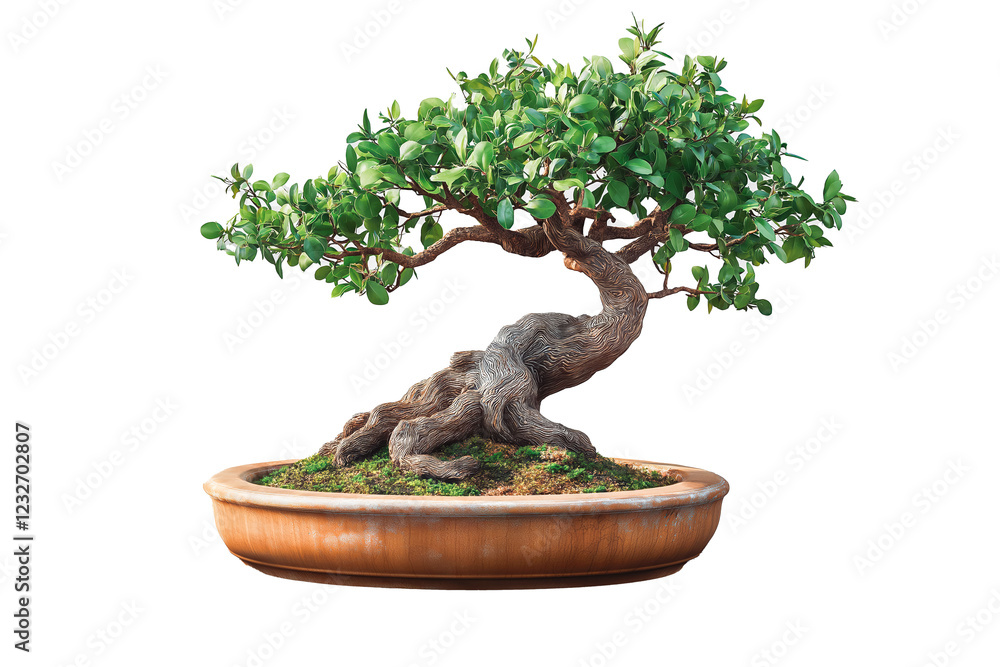 Fototapeta premium A small bonsai tree in a ceramic pot on a transparent background.
