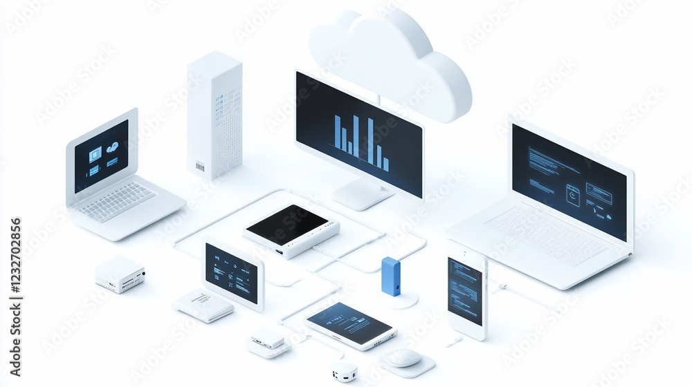 Cloud Computing Network Devices syncing data, white background, isometric view Cloud Computing Network Devices syncing data, white background, isometric view