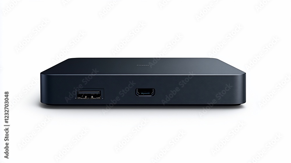 Dark grey streaming box, rear ports, white background, home entertainment Dark grey streaming box, rear ports, white background, home entertainment