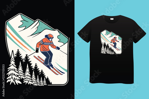 snow winter sports t shirt design. Set of Winter sport athlete silhouettes. Ski jumping, downhill, slalom, skiing emblems. Print design for t-shirt. Sport club emblems.
