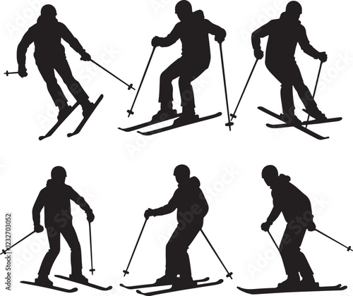 Skiing silhouette. Ski silhouette set.