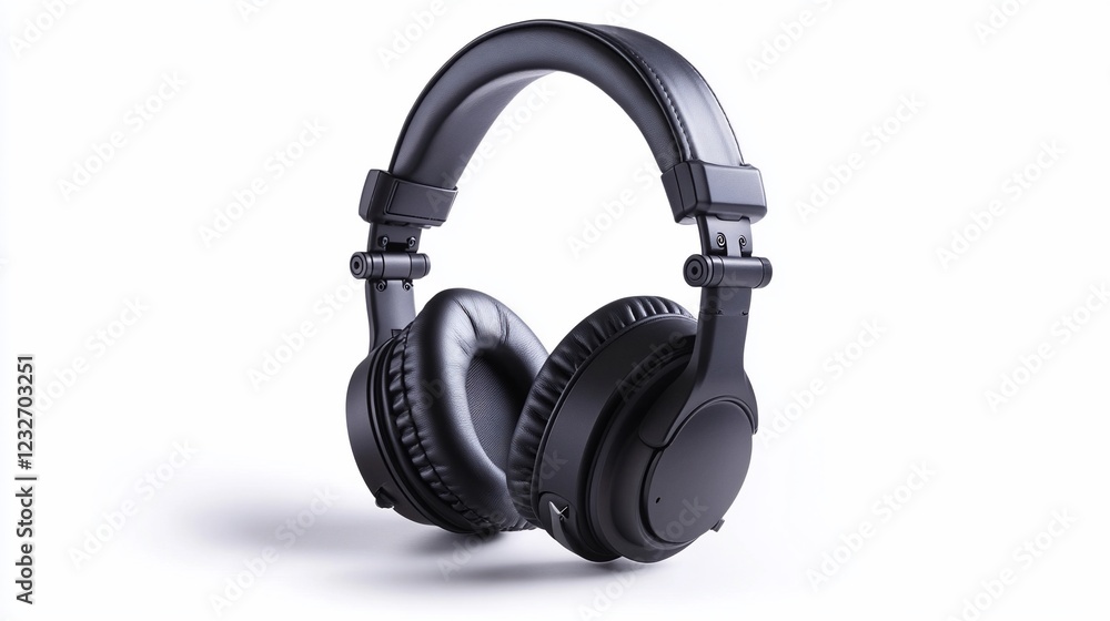 Black over-ear headphones, studio shot, white background, music listening Black over-ear headphones, studio shot, white background, music listening
