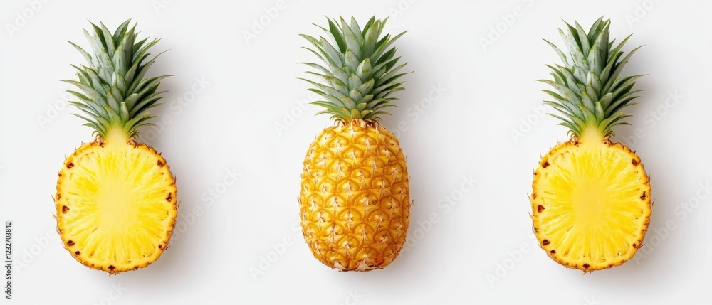 fresh pineapple cut in half and whole on white background fresh pineapple cut in half and whole on white background