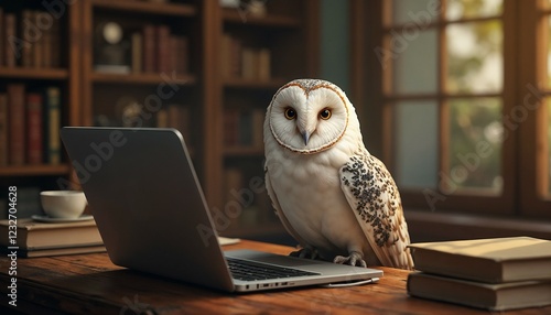 Barn owl sitting next to a laptop on a wooden desk with books and coffee in a cozy library