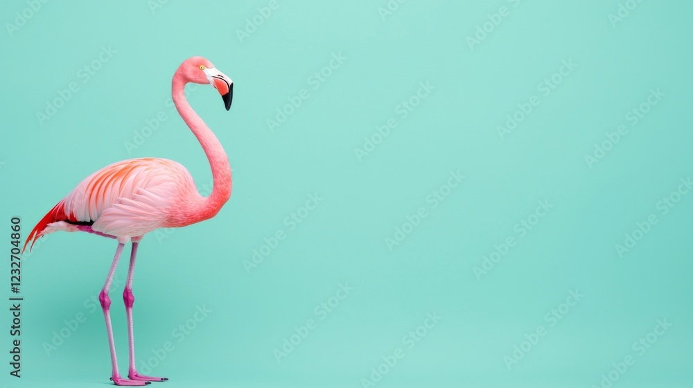 Fototapeta premium A vibrant pink flamingo stands gracefully against a soft turquoise background, showcasing its elegant form and striking color.