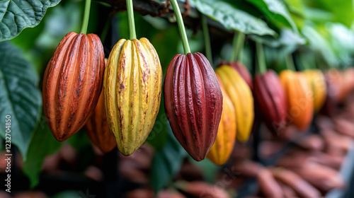 Ripe Cacao Pods on Tree in Plantation – Cocoa Bean Industry and Chocolate Production
