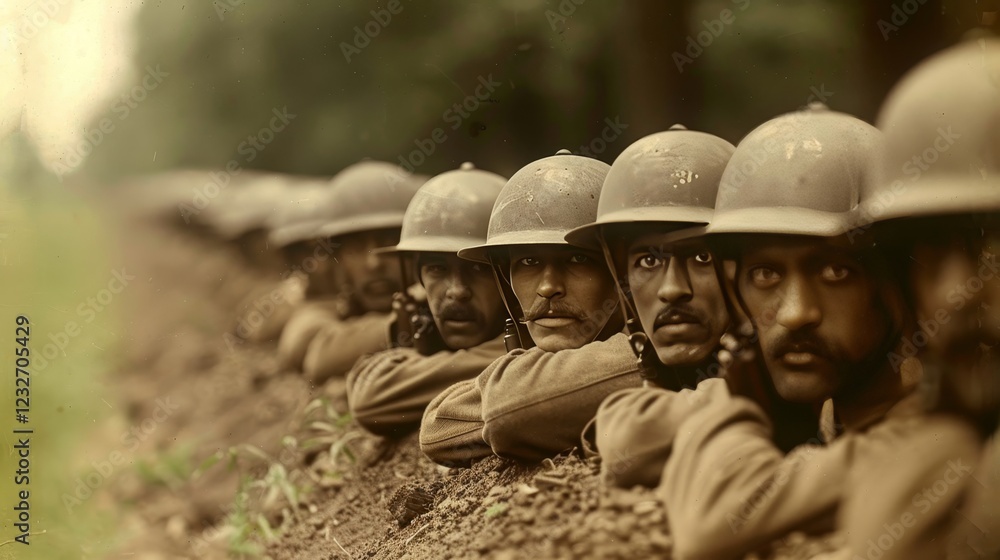 Fototapeta premium World war i soldiers observing from a trench during the intense battle of the great war