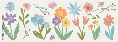 Set of colorful hand drawn flowers in doodle style. Collection of cute floral elements, crayon pencil child drawings. Decoration for spring, summer designs, posters, banners, greeting cards.