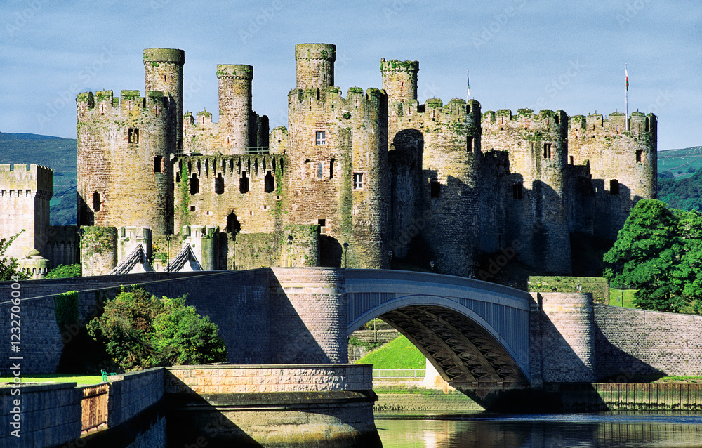 Mediaeval Conwy Castle, built by King Edward 1, on the River Conwy, Snowdonia, in the Gwynedd region of north Wales, UK