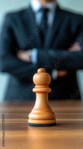 A close-up of a wooden chess pawn with a businessman in the background, symbolizing strategy and decision-making in business. photo