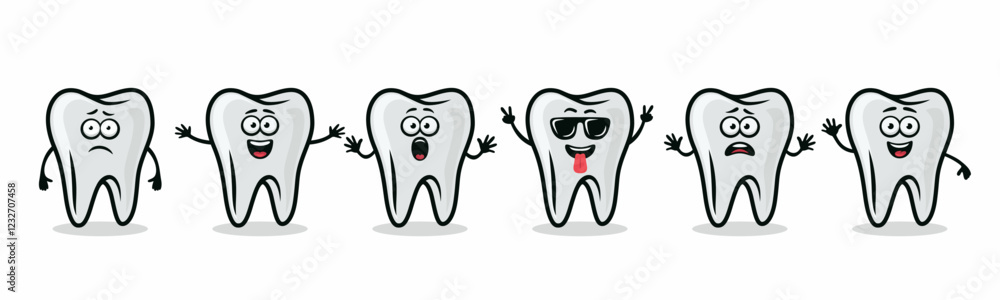 Adorable Tooth Characters Showing Different Emotions. Flat Vector Tooth Illustration - Happy, Excited, Sad, Scared Expressions. Cute Tooth Design Templates for Dental Logos, Marketing, Dental Branding Adorable Tooth Characters Showing Different Emotions. Flat Vector Tooth Illustration - Happy, Excited, Sad, Scared Expressions. Cute Tooth Design Templates for Dental Logos, Marketing, Dental Branding