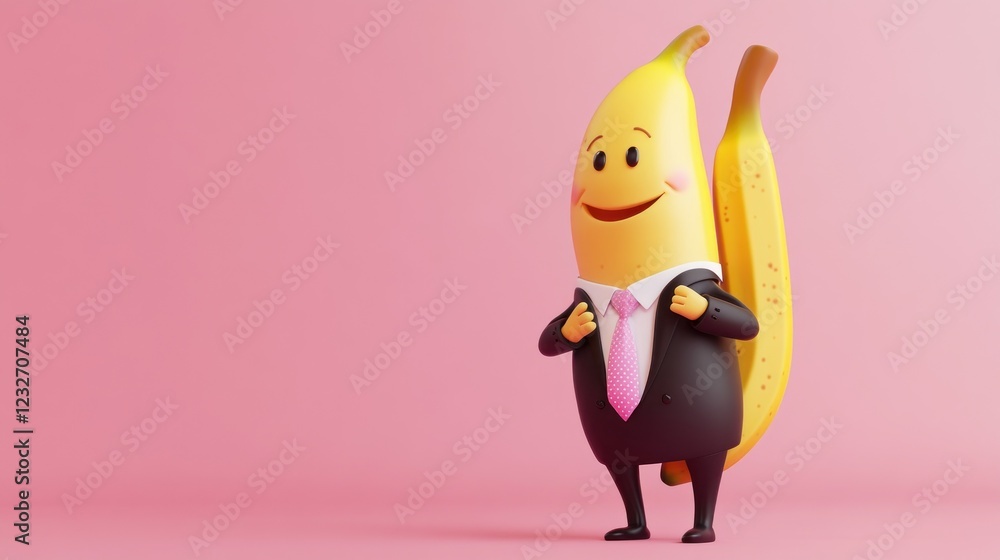 Fototapeta premium Happy banana in suit, pink background, ready for work