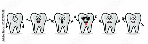 Adorable Tooth Characters Showing Different Emotions. Flat Vector Tooth Illustration - Happy, Excited, Sad, Scared Expressions. Cute Tooth Design Templates for Dental Logos, Marketing, Dental Branding
