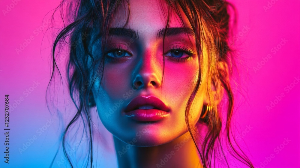 Closeup Portrait of a Young Woman with Wet Hair Under Neon Pink and Blue Lighting Closeup Portrait of a Young Woman with Wet Hair Under Neon Pink and Blue Lighting