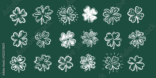 Saint Patricks Day, white clover set on green, hand drawn illustrations.	
