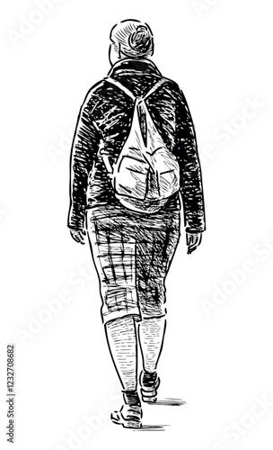 Sketch of casual tourist woman with backpack walking outdoors, back view, realistic vector hand drawing