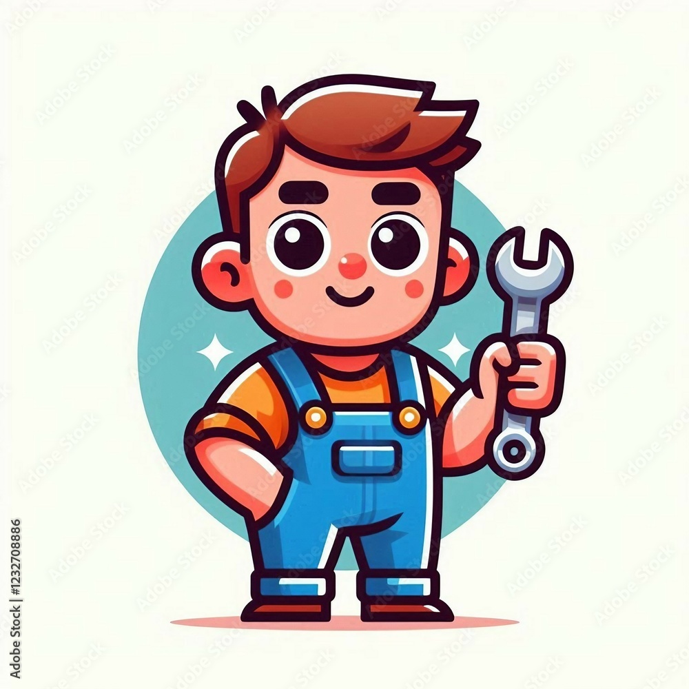 Cartoon worker character holding wrench with cheerful expression Cartoon worker character holding wrench with cheerful expression
