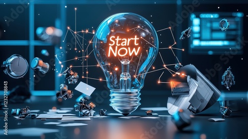 start now concept. A glowing light bulb with 