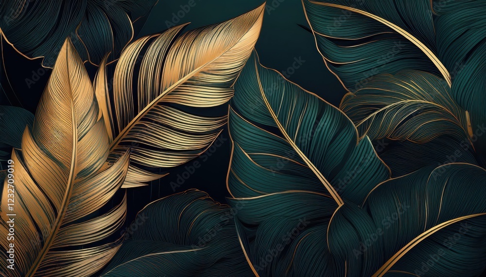 Luxurious Tropical Elegance Large Dark Leaves Illuminated by Golden Lines against a Rich Background, Embracing the Mystique of Exotic Beauty Luxurious Tropical Elegance Large Dark Leaves Illuminated by Golden Lines against a Rich Background, Embracing the Mystique of Exotic Beauty
