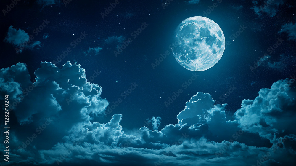 Bright full moon illuminating a cloud-filled night sky over the horizon Bright full moon illuminating a cloud-filled night sky over the horizon