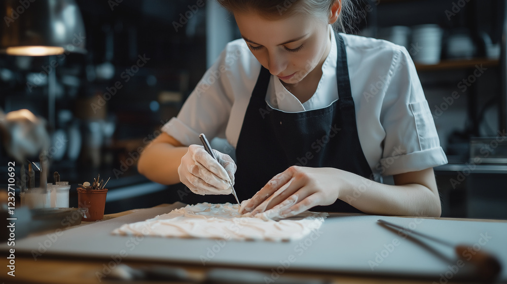 Fototapeta premium A pastry chef working with fondant to cover a cake, with detailed tools and designs in a professional kitchen.
