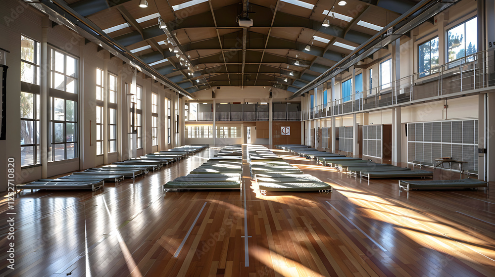 Obraz premium Sunlit Rows of Cots in a Large, Window-Lined Hall