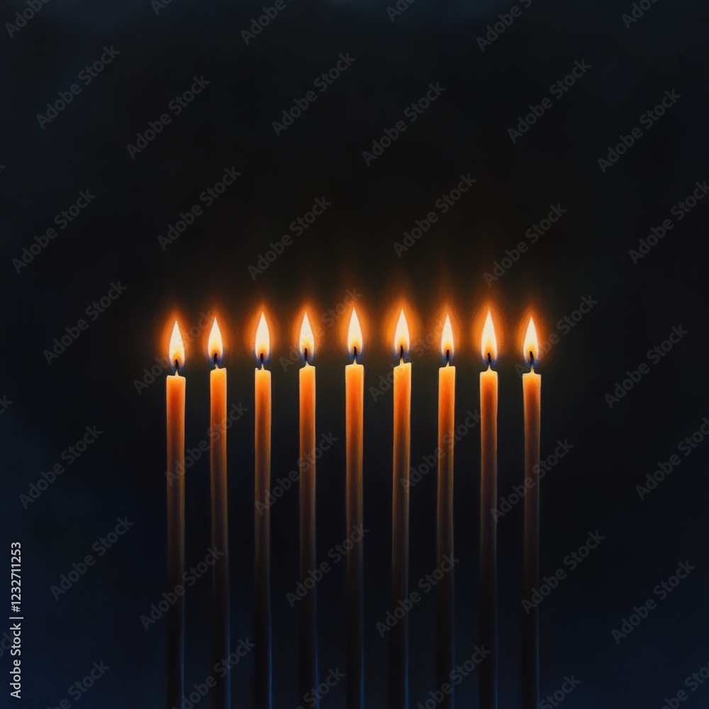 eight lit candles in a row on a dark background eight lit candles in a row on a dark background