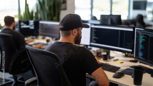 A focused shot of a digital marketing team reviewing online ads and social media performance on multiple monitors. photo