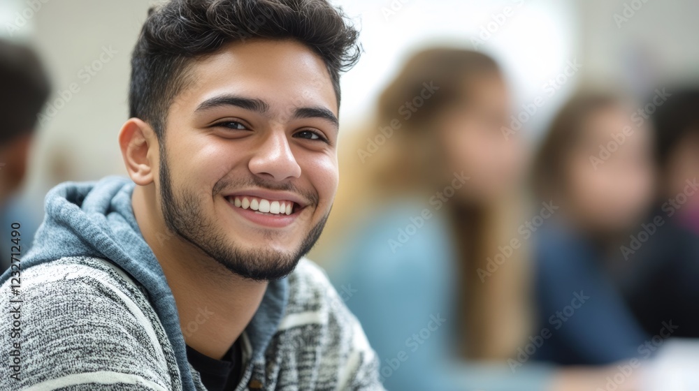 Joyful student in a classroom surrounded by engaged and focused classmates learning together Joyful student in a classroom surrounded by engaged and focused classmates learning together