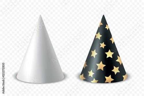 Vector 3d Realistic Birthday Party Hat Icon Set Isolated. Party Cap Design Template for Party Banner, Greeting Card. Holiday Hats, Cone Shape, Front View